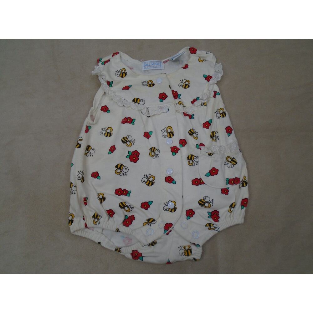 Vintage 90s All Mine Bumble Bees Floral Infants One Piece Ruffle Lace Size 12M